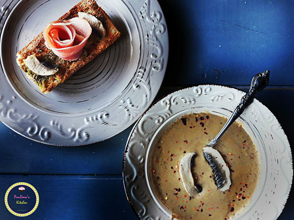 Πικάντικη Μανιταρόσουπα-μανιταρόσουπα-μανιτάρι-σούπα-μπροσκέτα-προσούτο